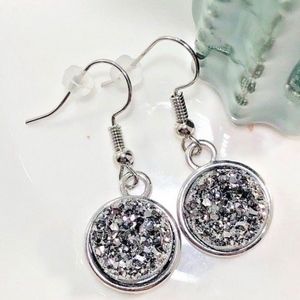 Womens Earrings Silver Drusy Stone Drop Dangle New